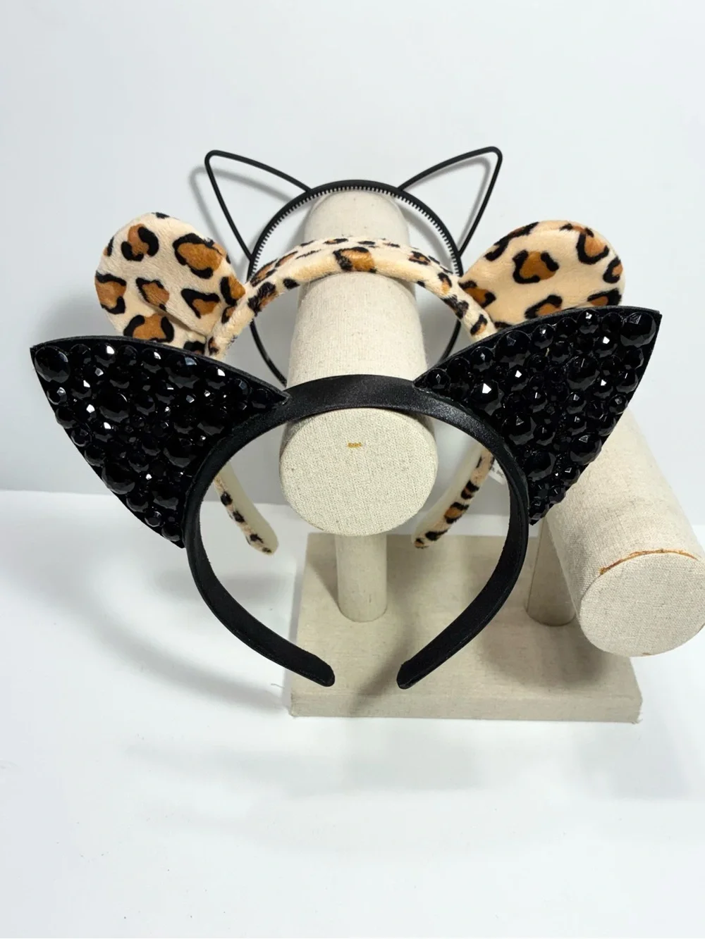 3 Pc Cat Ear Headband Lot: Black Rhinestone, Leopard Print Fleece, Black Plastic